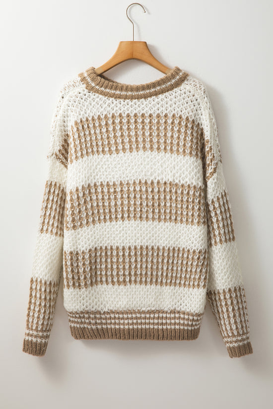 Brown loose sweater with stripes and dropped shoulders, round neck