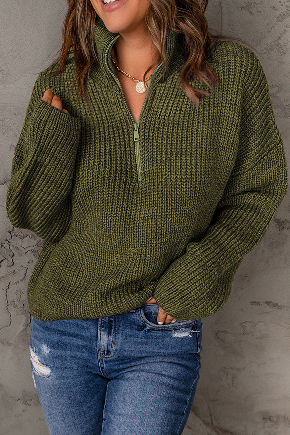 Green Zipped Turtleneck Drop Shoulder Knit Sweater