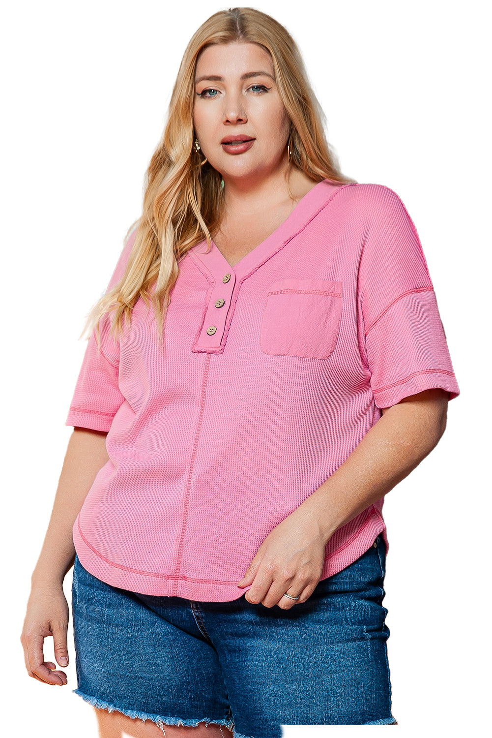 Pink Plus size Waffle Muntiiola Exposed Seam Vley T-shirt Henley