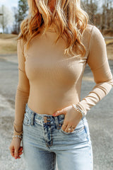 Khaki long sleeve ribbed knit mock neck top
