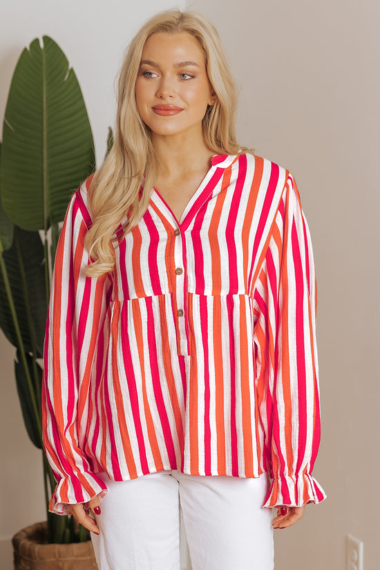 Orange striped blouse, balloon sleeves, notched v collar, buttoned on the front