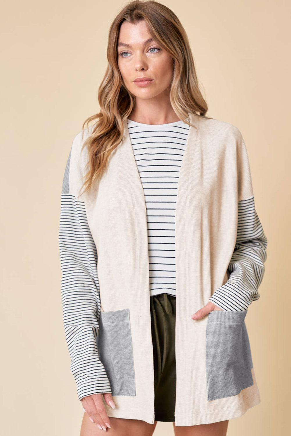 Black striped patchwork open front cardigan with pocket