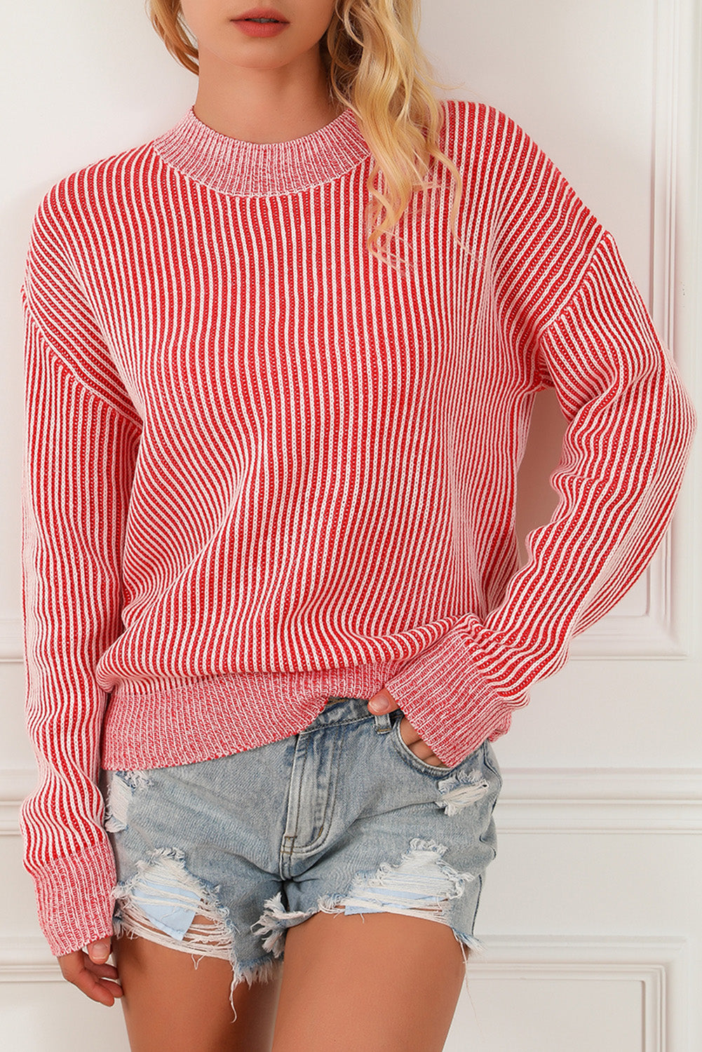 Striped Print Ribbed Crew Neck Sweater