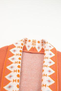 Orange Aztec Print Open Front Knitted Cardigan