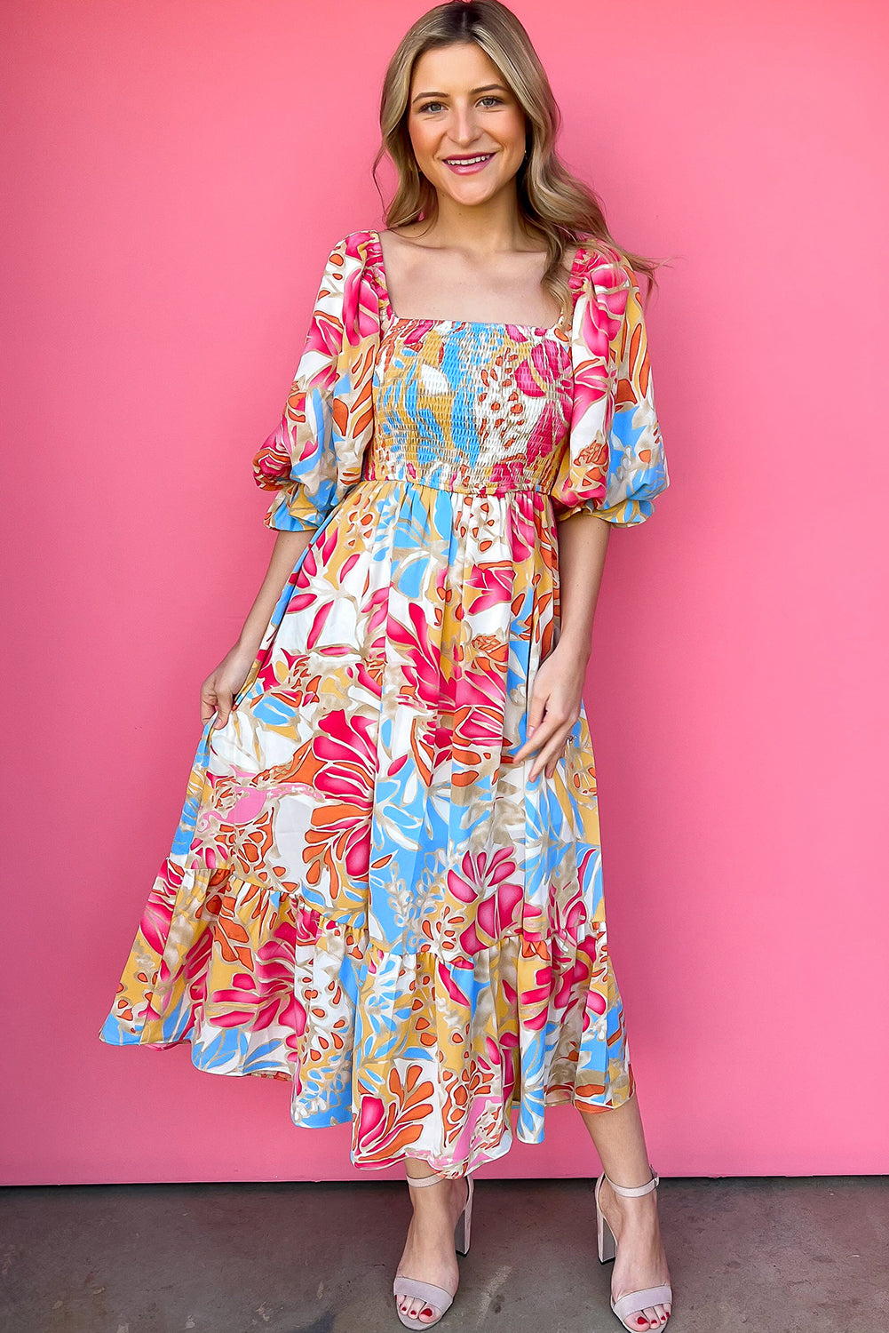 Red Rose Tropical Print Puff Sleeve Smocked Bodice Maxi Dress