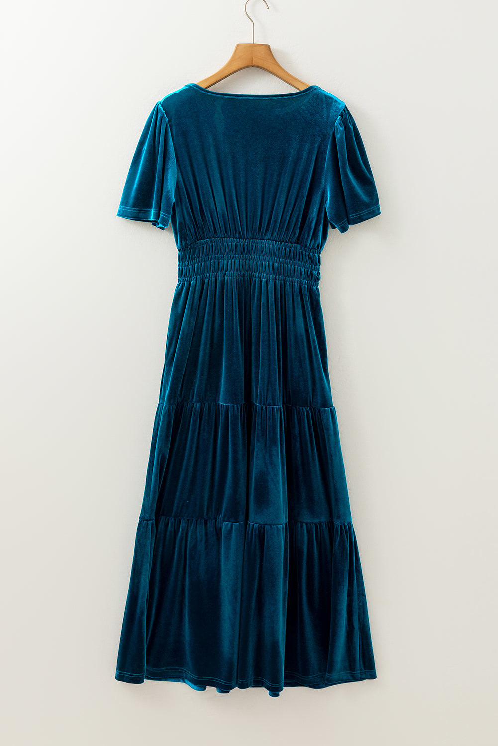 Prussian blue velvet maxi dress with short sleeves and tiered gathered waist