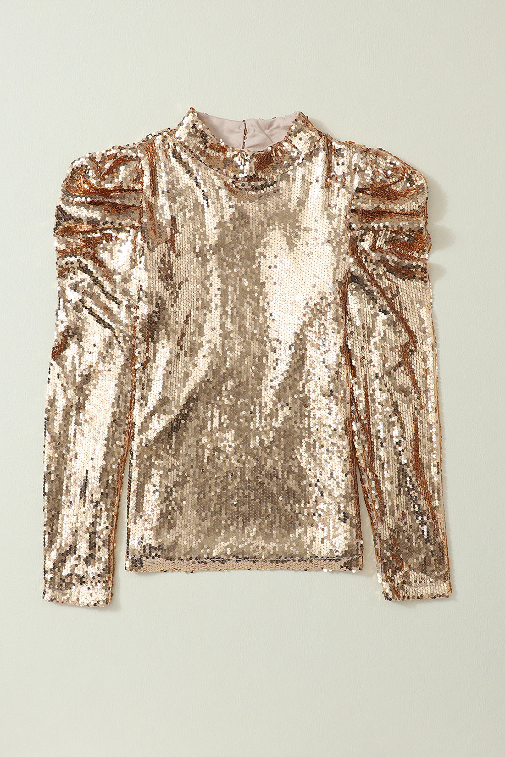 Apricot Sequin Mock Neck Bubble Sleeve Top