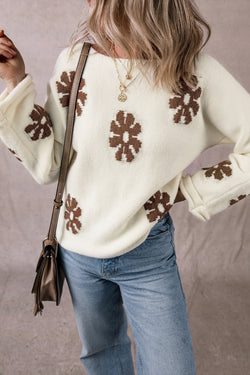 White round-neck sweater with color block floral pattern