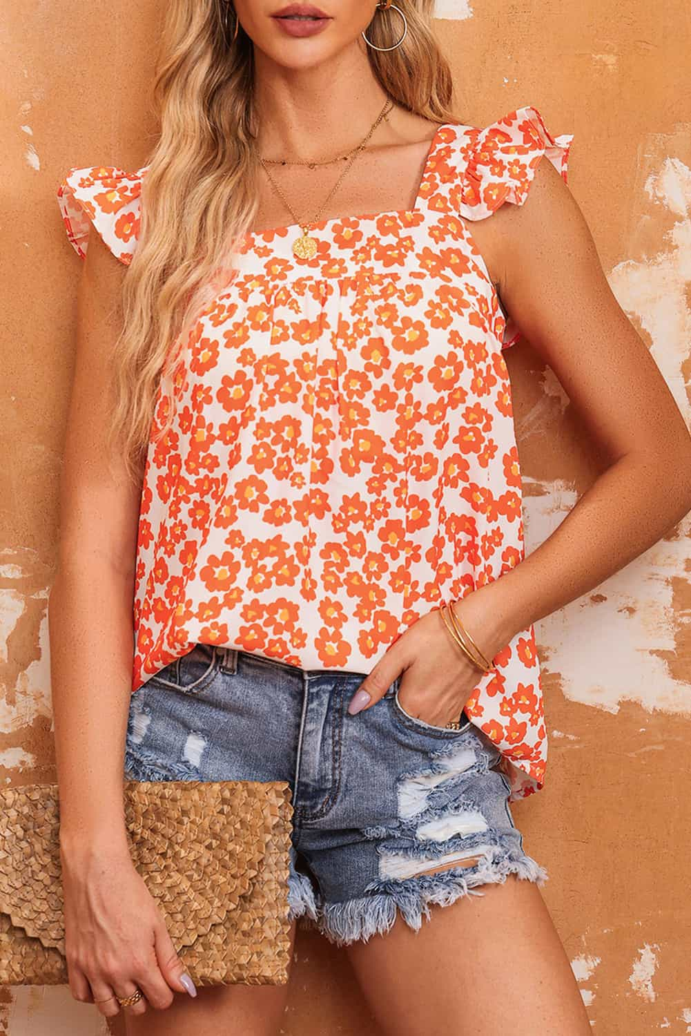 Orangefarbenes Blumendruck quadratischer Nacken Rüschen Tanktop Top