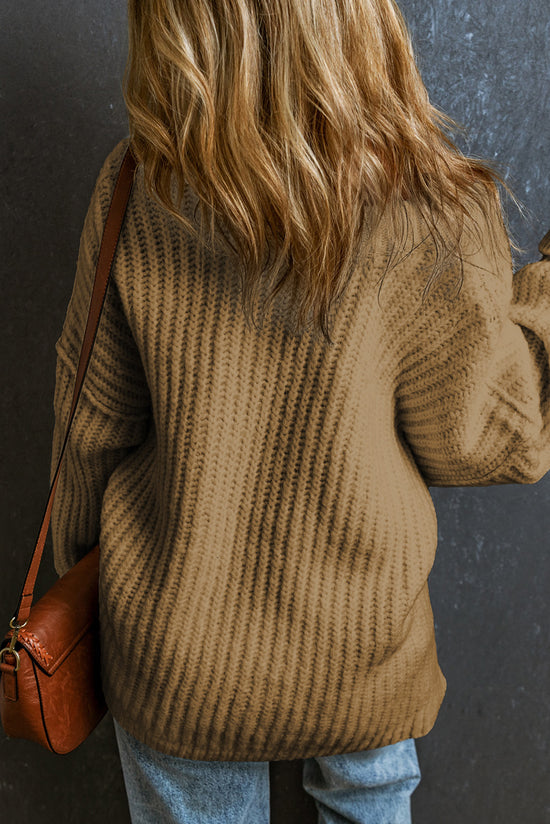 Thick and loose sweater in ribbed khaki with round neck