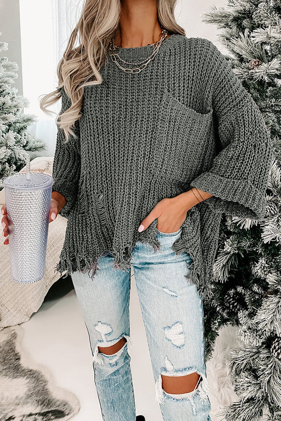 Grey Ripped Raw Hem Chunky Sweater