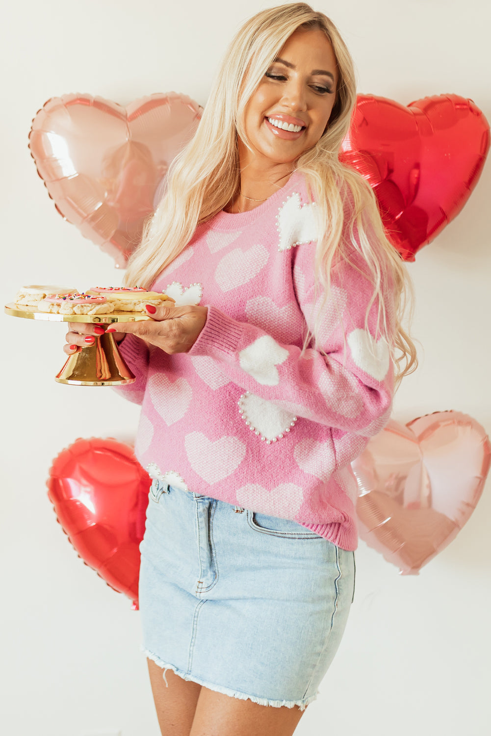 Pink Crew Neck Sweater with Pearl Heart Print for Valentine's Day