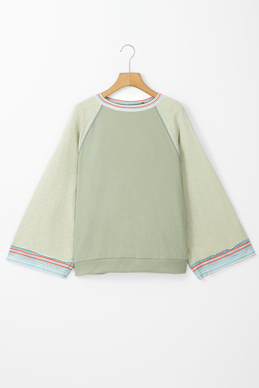 Haut raglan patchwork à manches larges en tricot gaufré vert Meadow Mist