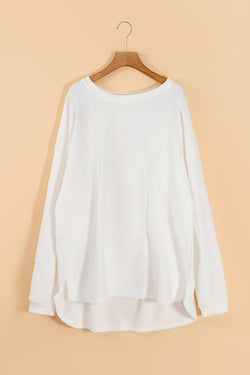 White Baggy Drop Shoulder Sweatshirt with Solid Color Patchwork