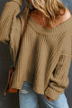 Thick and loose sweater in ribbed khaki with round neck