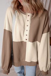 Parchment Color Block High Low Oversized Henley Sweatshirt