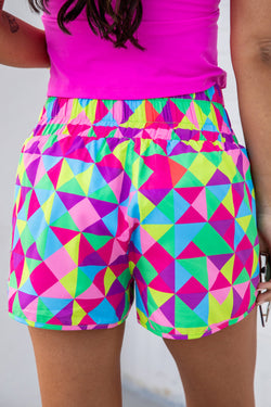 Multicolor Geometric High Waisted Sports Shorts