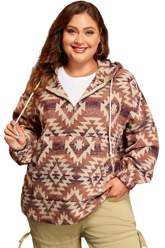 Plus Size Red Western Fashion Aztec Patterned High Neck Half Zip Hoodie