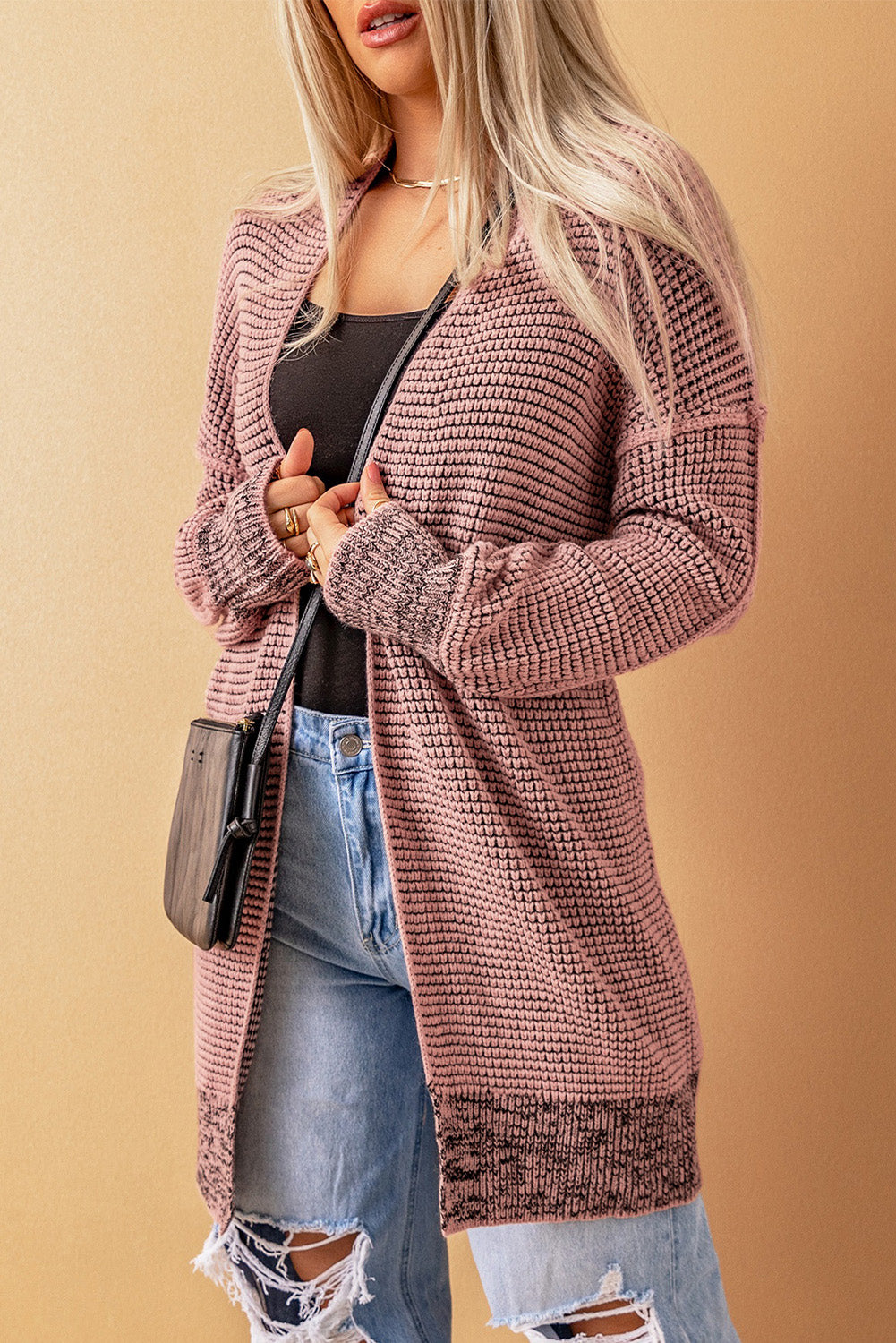 Pink Plaid Open Front Long Knitted Cardigan