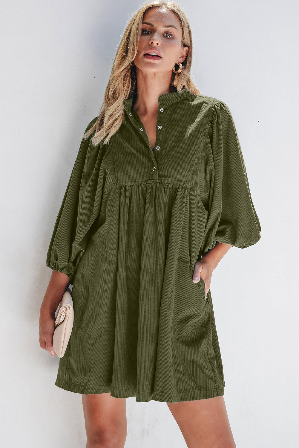 Vineyard Green Corduroy Snap Buttons Empire Waist Bracelet Sleeve Dress