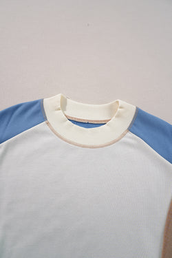 Sky blue baggy sweatshirt with color block sleeves and ribbed details