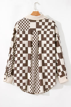 Brown Corduroy Long Jacket with Plaid and Color Block Print, Plus Size