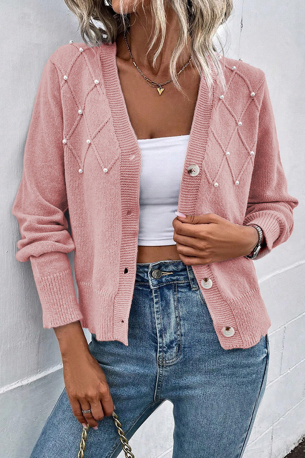 Textured Knit Button Cardigan with Pearls and Sepia Pink Beads