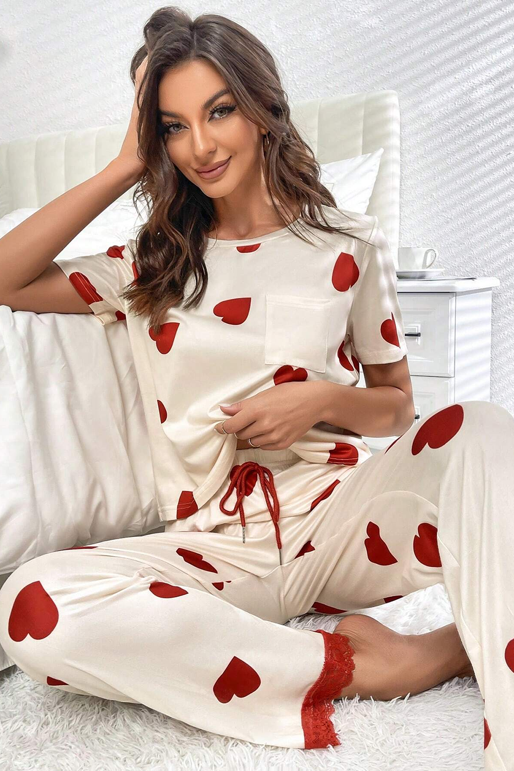 White Valentines Heart Imprimer en dentelle Hem Tee Pant