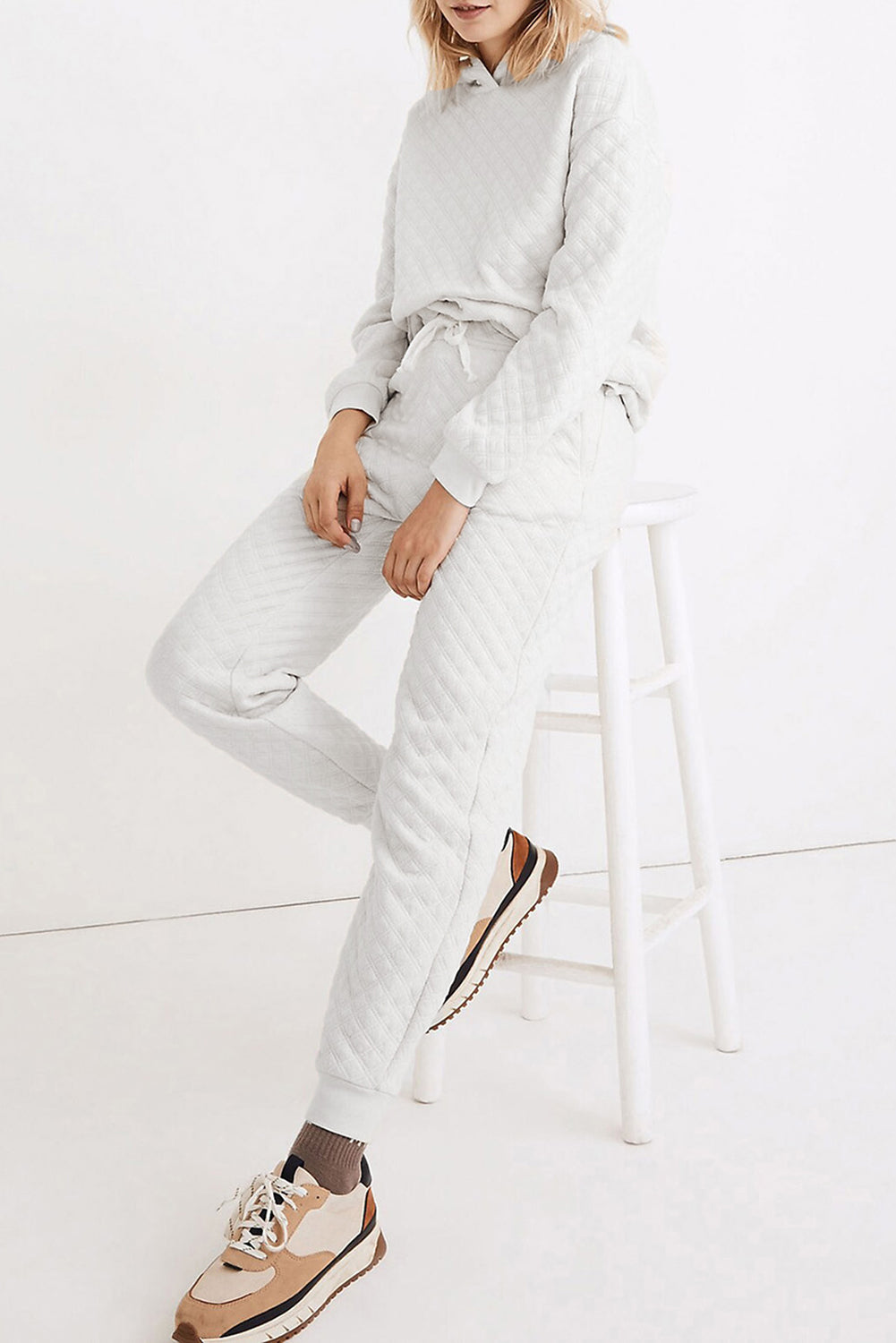 White Quilted Hoodie and Sweatpants Two Piece Set