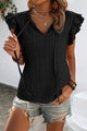 Typled black high with fluffed sleeves and v -neck