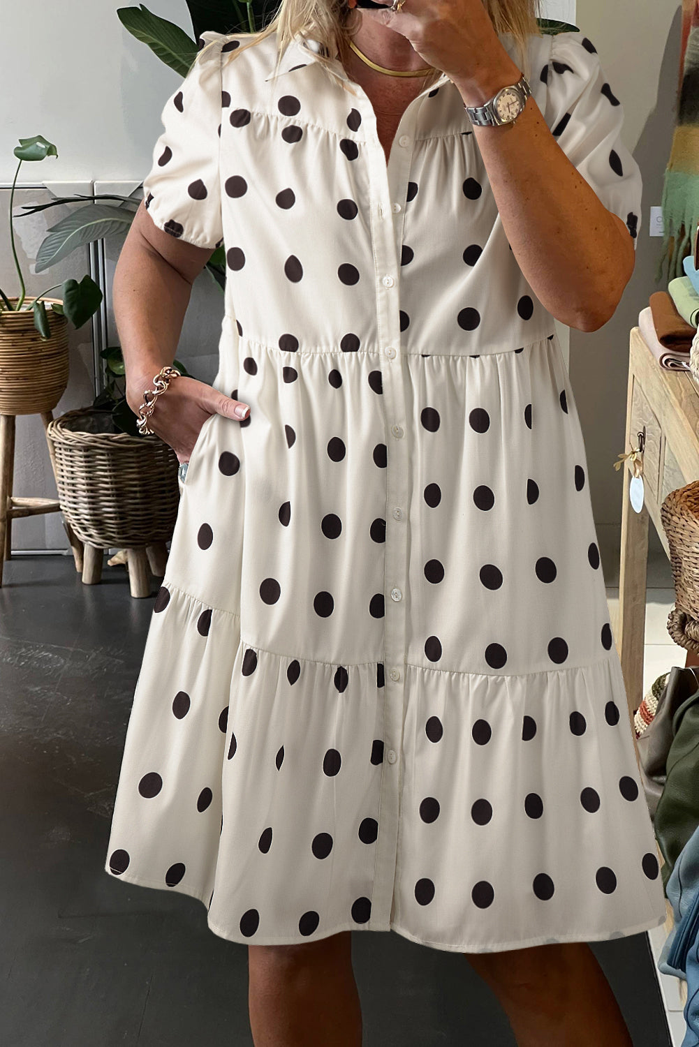 White Babydoll dress with polka dots and sleeve collar *