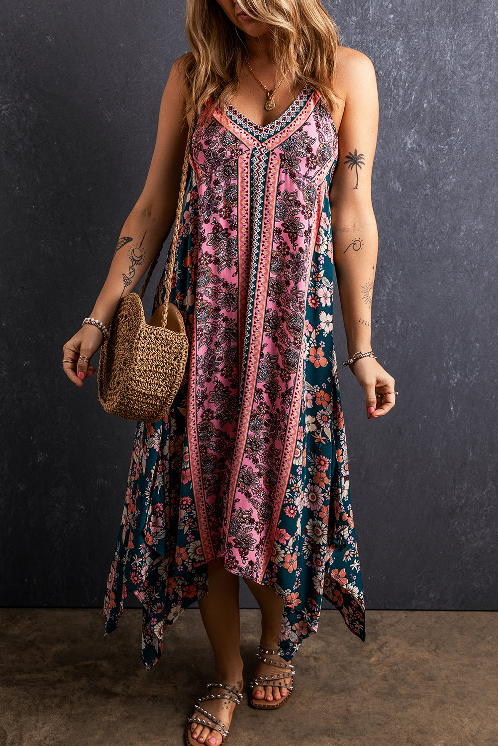 Robe d'été longue rose bohème à imprimé floral et patchwork