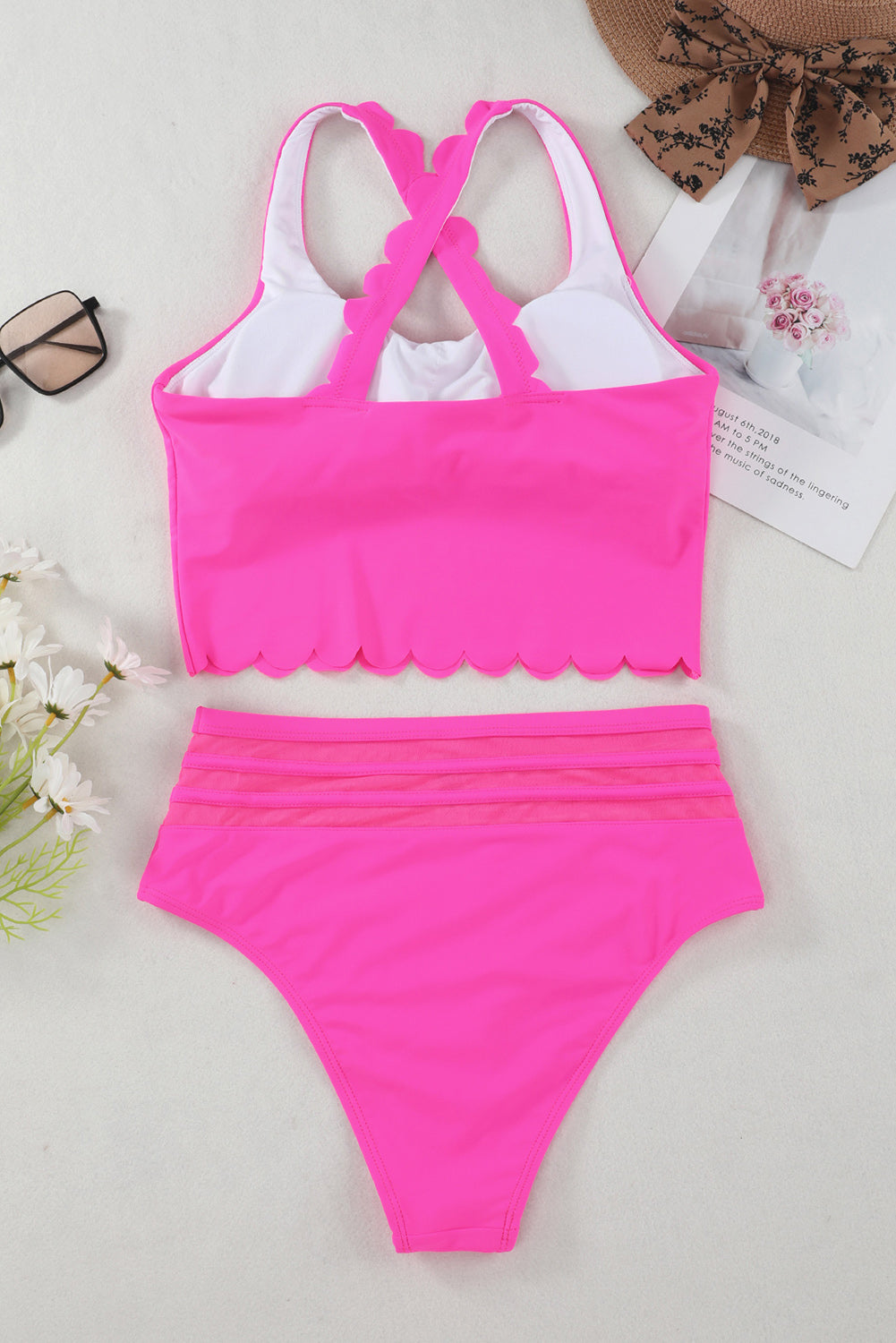 Bikini taille haute croisé festonné rose