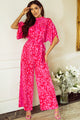 Pink Leopard Jumpsuit with Loose Sleeves and Wide Leg Belt