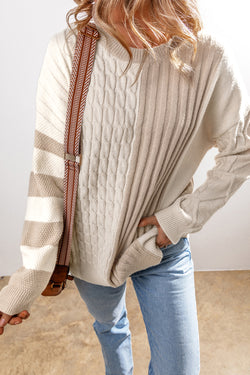 Khaki Pull in twitched knit color block with round neck and falling shoulders