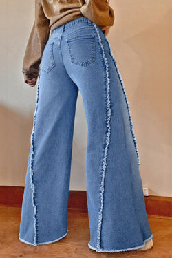 Beau Blue Raw Hem Flare Jeans with Vintage Stitching