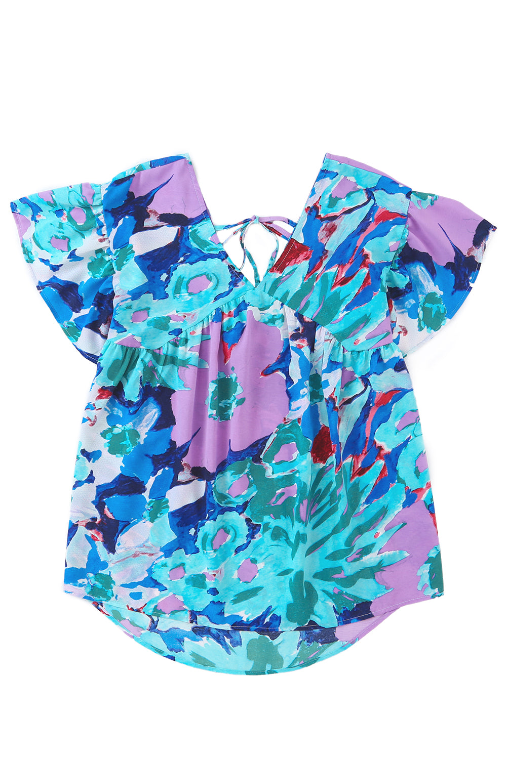 Sky Blue Abstract Print V Neck Flutter manga Blusa