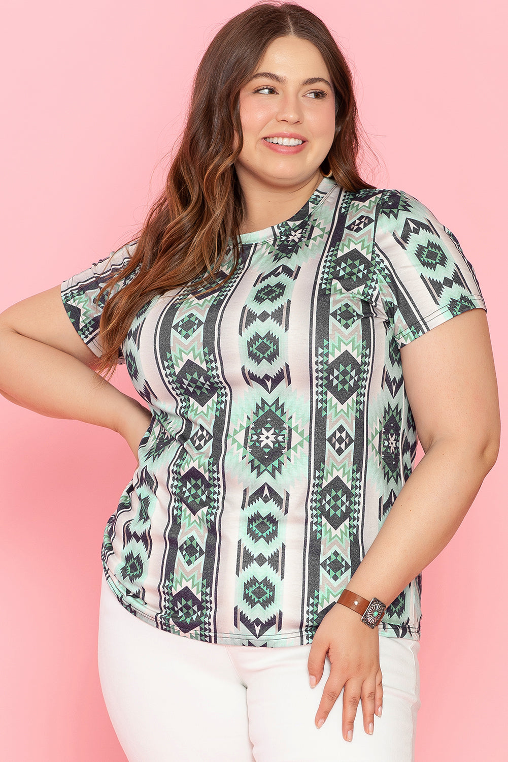 T-shirt Green Retro Aztec Print Plus Size