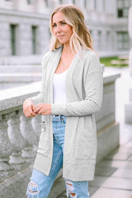 Light Grey Thermal Waffle Knit Pocket Cardigan