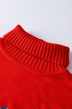 Fiery Red Mock Neck Sweater with Christmas Holly Jolly Tinsel Pattern