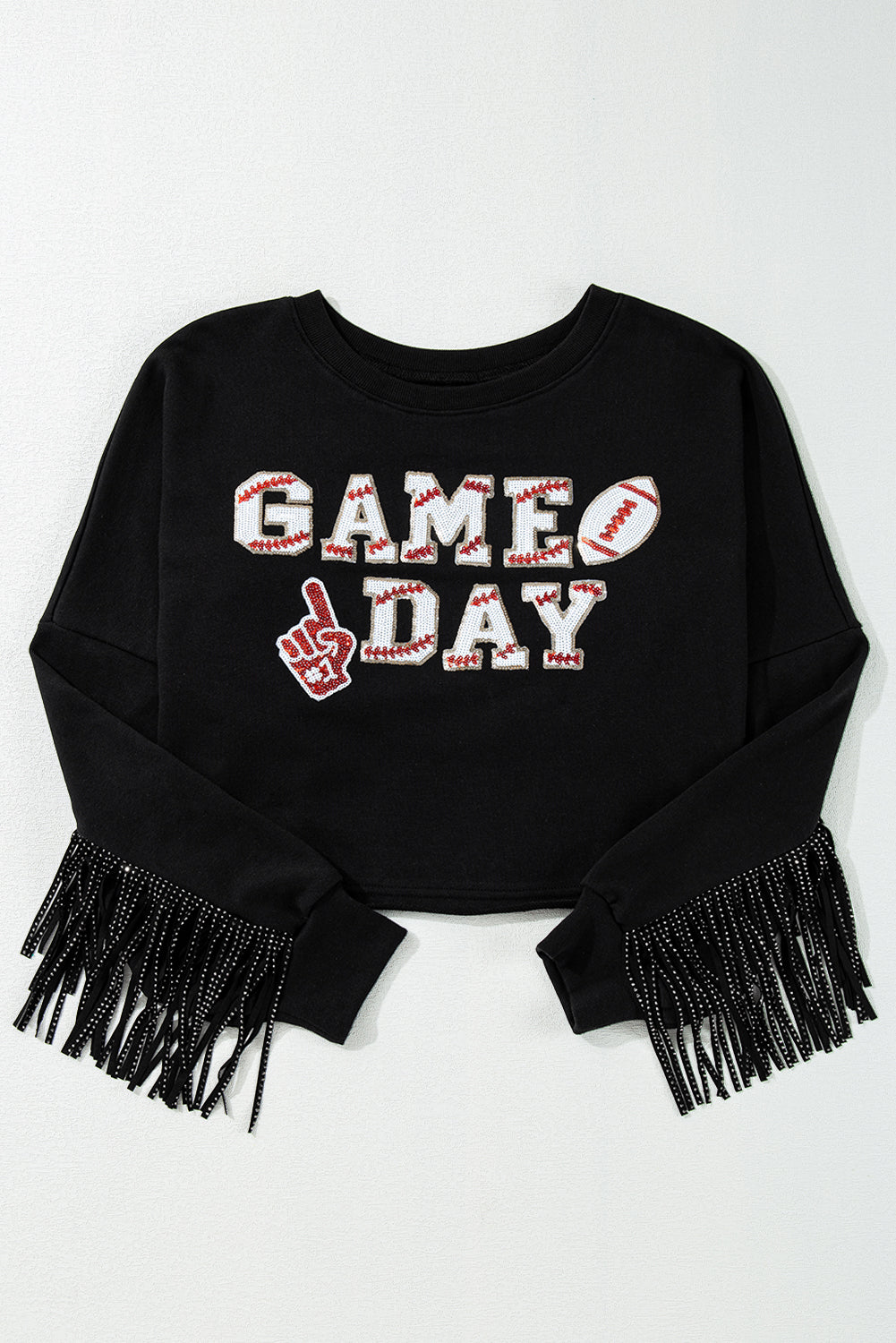 Sweat-shirt court noir à franges et sequins GAME DAY Rugby