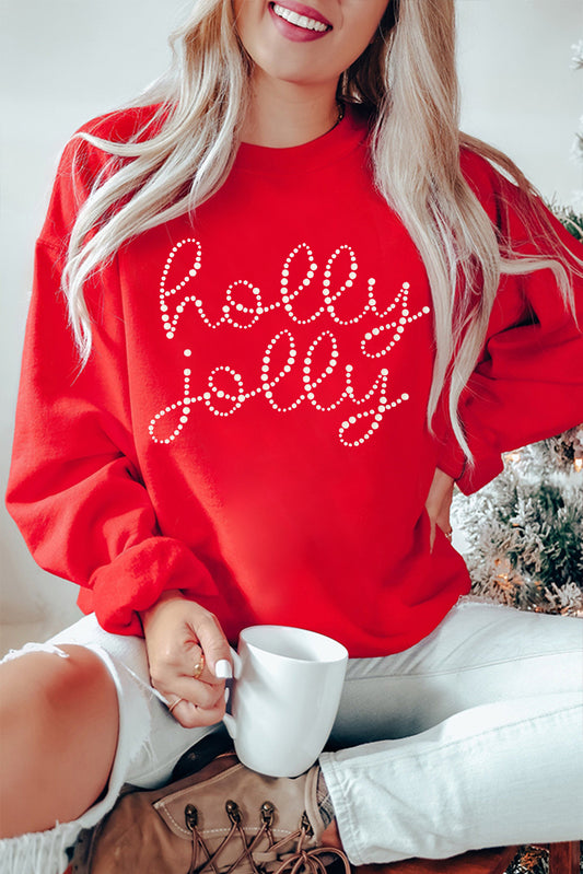 Sweat-shirt Graphique Rouge Noël Holly Jolly Lettre Strass Céramique