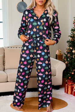 Ensemble pyjama chemise et pantalon imprimé lumières de Noël colorées bleu marine