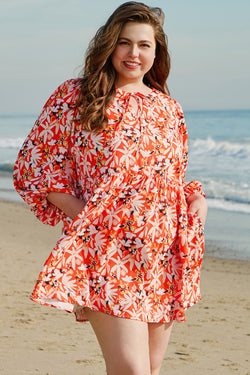 Robe mi-longue orange à imprimé floral, grande taille *