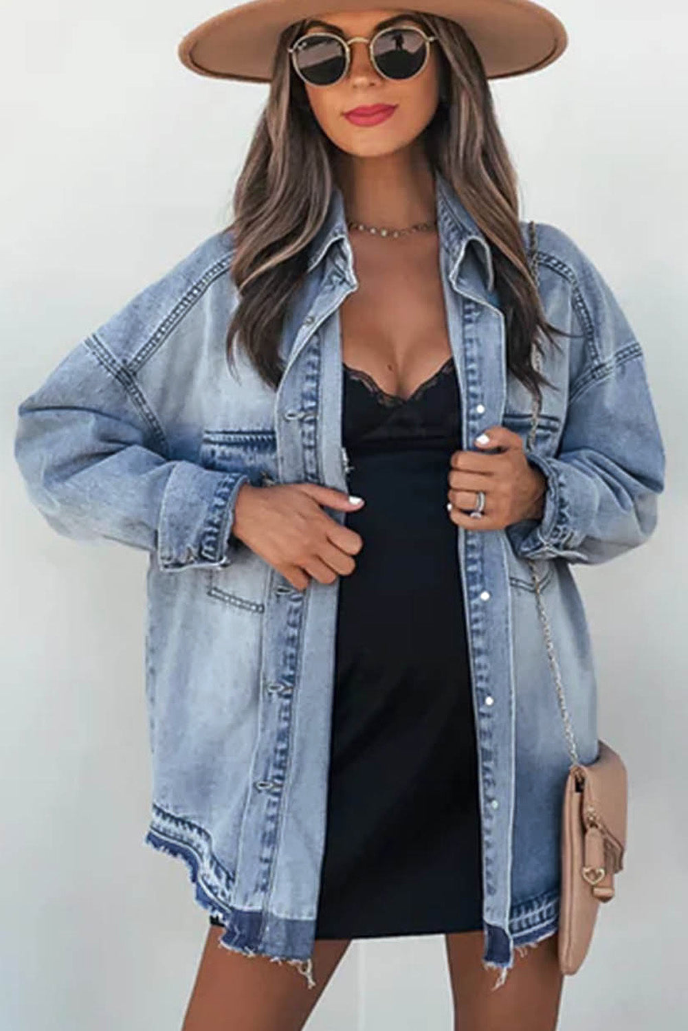 Veste en jean oversize boutonnée bleu ciel avec poche à rabat