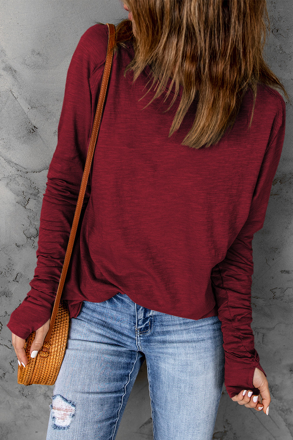 Top de manga larga y cuello liso rojo brillante