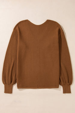 Camel Ribbed Knit Loose Sweater with Dropped Sleeves and V-Neck