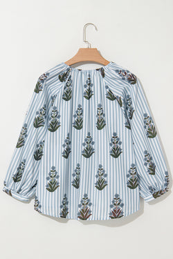 Beautiful Blue - Long sleeve blouse and floral print with striped and collar in tied