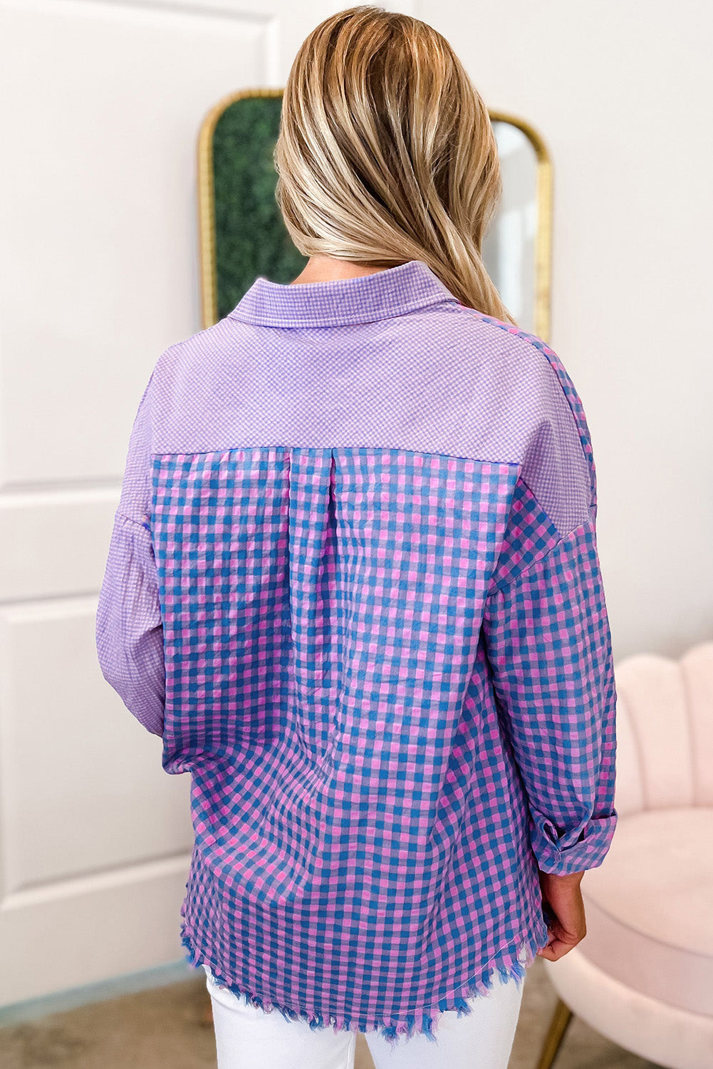 Bouton à plaid mixte violet chemise de poche à manches longues