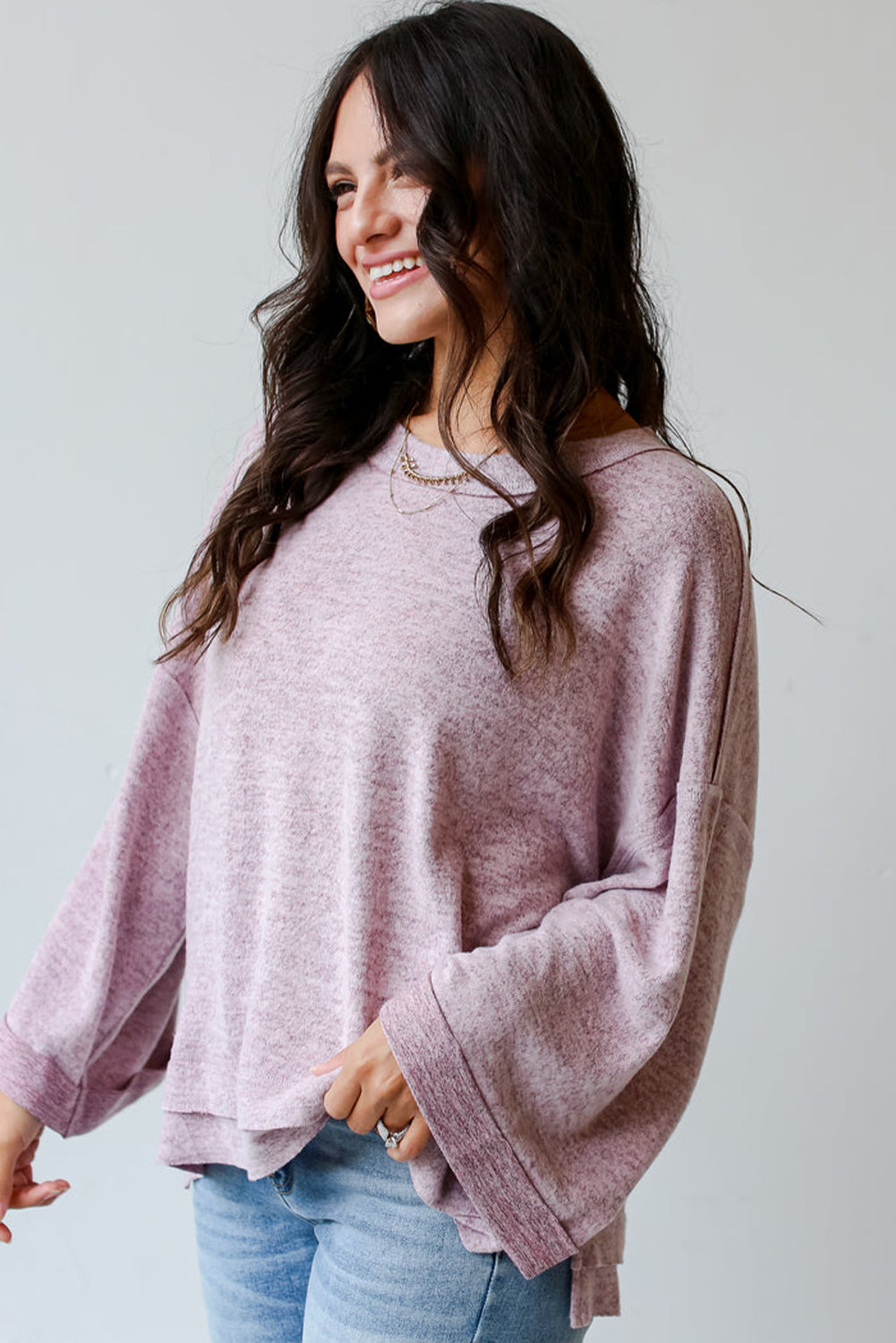 Orchid Petal Exposed Seam Drop Shoulder Wide Long Sleeve T Shirt